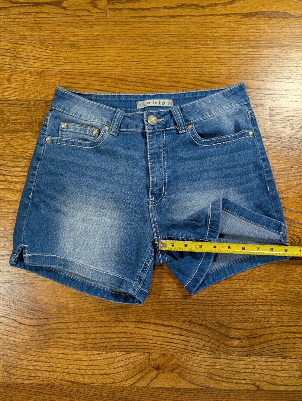Love Indigo Denim Jean Shorts American Flag Pocket Stretch Women's Size 8 - Picture 5 of 7